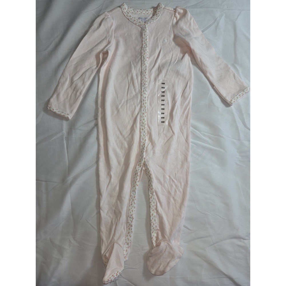 Polo Ralph Lauren Baby Girl Cotton Floral Trim Sleeper Pale Pink 9M NWOT